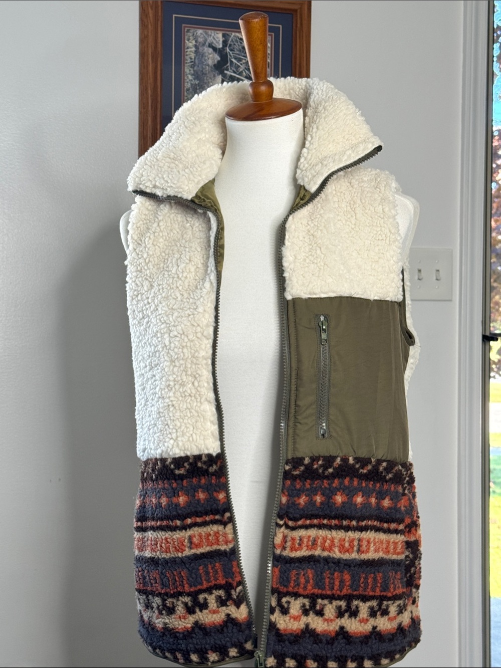 Cream Sherpa and Olive Patchwork Vest with Patterned Hem